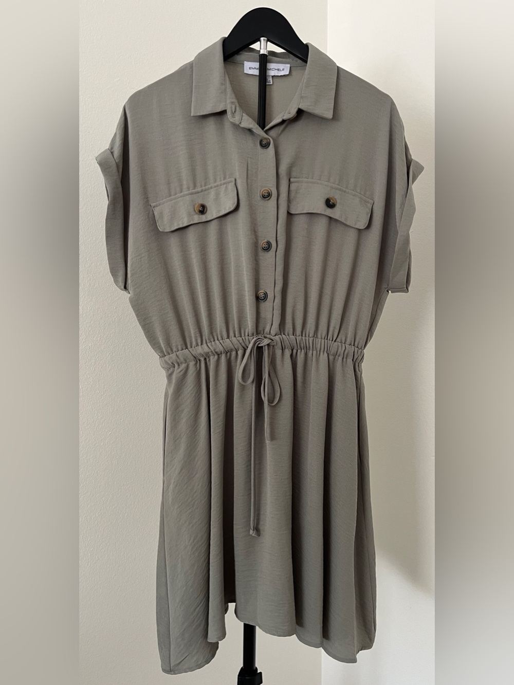 Emma & Michele Sage Shirt Dress | Drawstring Waist | Utility Midi Dress
